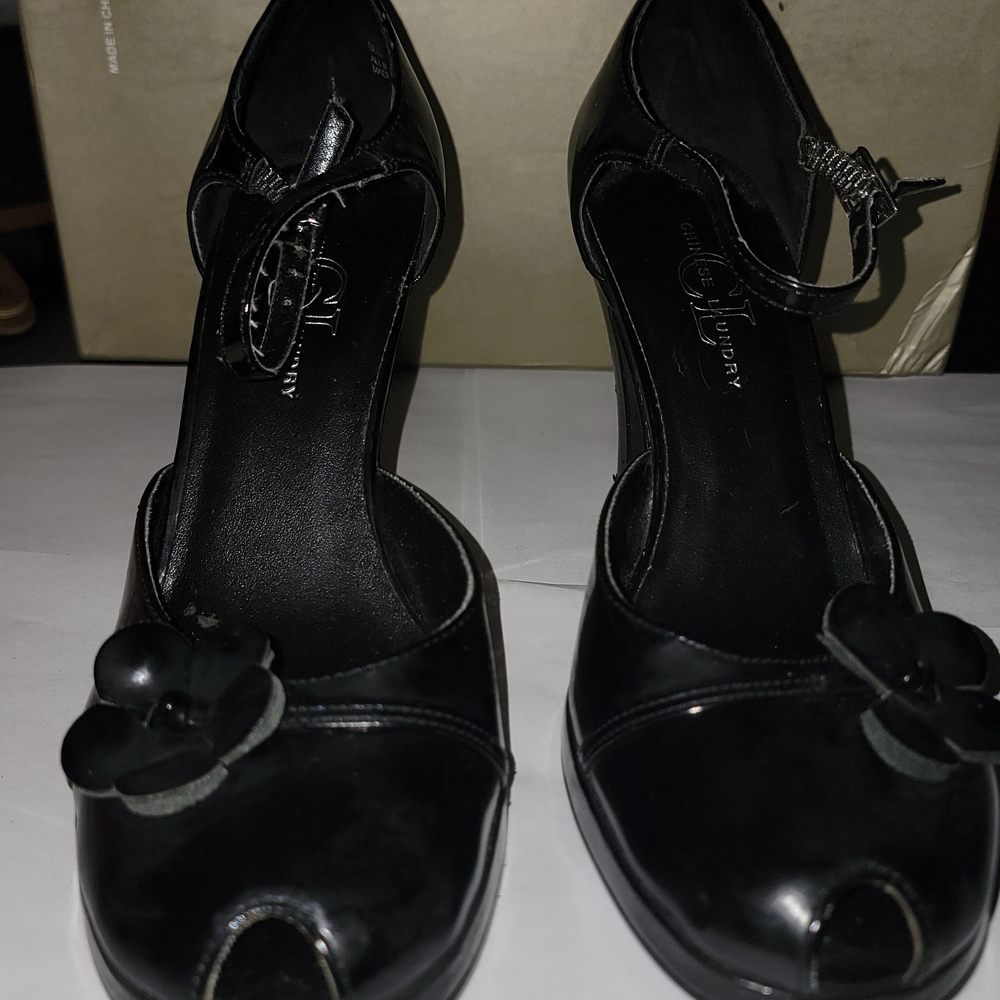 Chinese Laundry Black Peep-Toe Heels with Floral Accent
